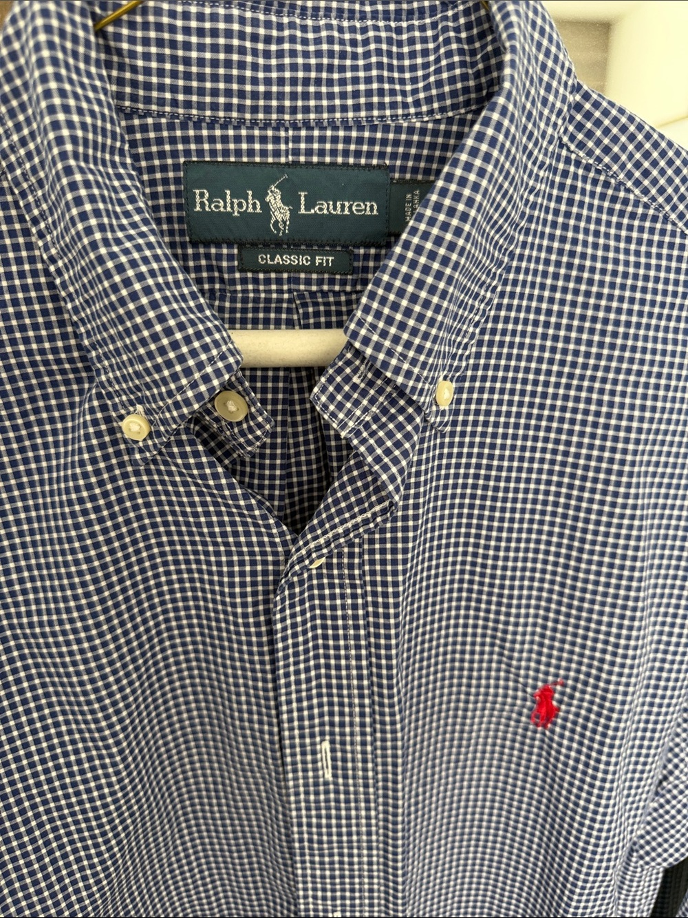 Ralph Lauren Navy & White Gingham Button-Down Shirt with Red Polo Logo